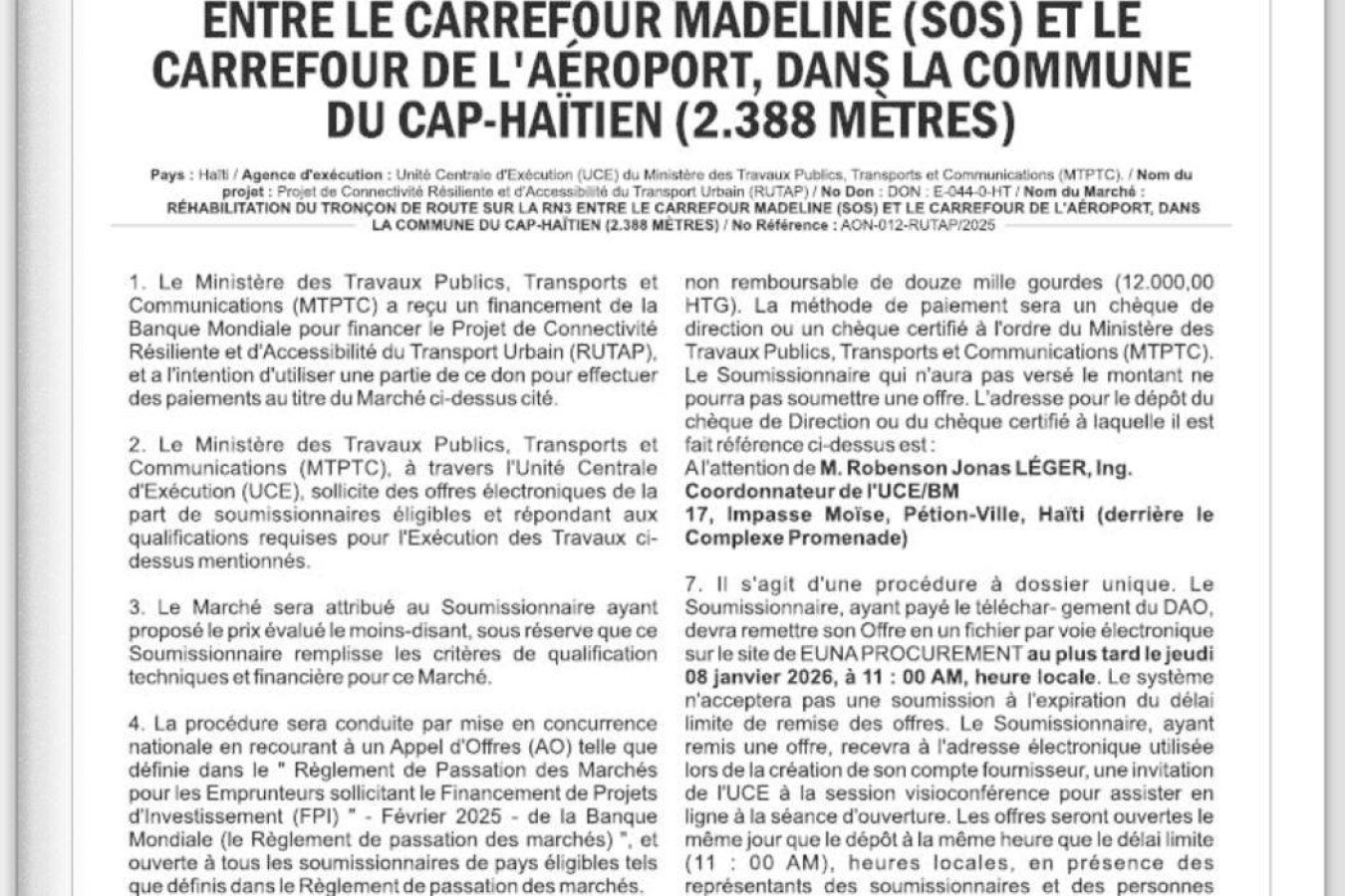 Réhabilitation du tronçon Madeline-Carrefour Aéroport : une bonne nouvelle pour la population Capoise